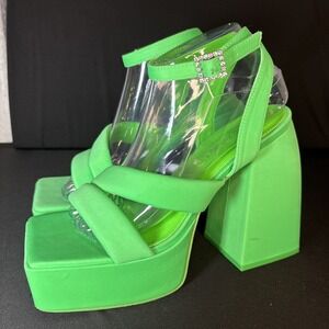 Women's Public Desire Neon Green Platform Shoes, Straps, Rhinestone Buckle, Sz 7